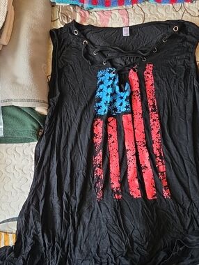 Women's Black Lace-Up Tank with Distressed Red & Blue Flag Graphic
